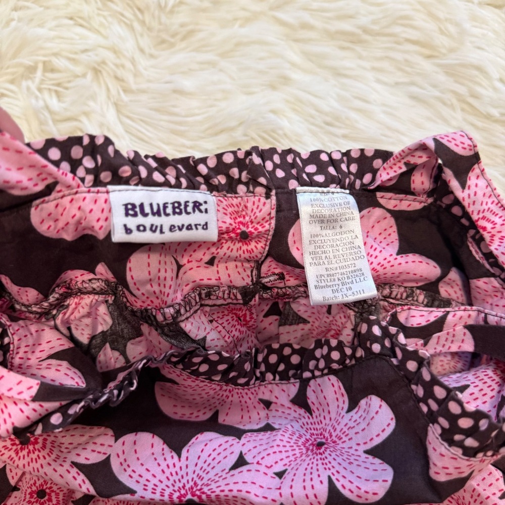Blueberry Blvd Girls Size 6 Pink Floral Brown Cotton Sundress Polka Dot Bow Trim - Picture 2 of 6